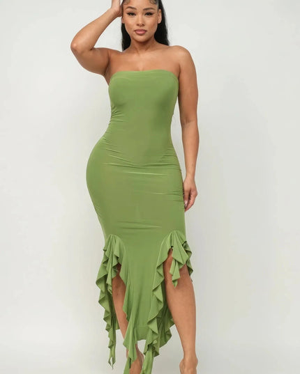 Solid Bottom Ruffle Trim Hem Slit Tube Maxi Dress - ShopEasier