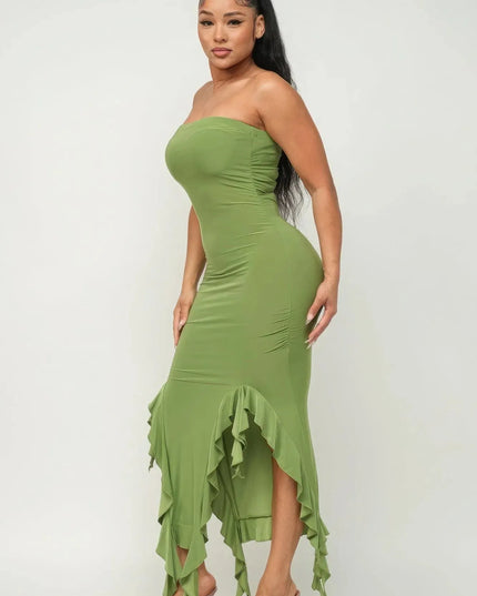 Solid Bottom Ruffle Trim Hem Slit Tube Maxi Dress - ShopEasier