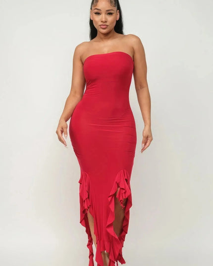 Solid Bottom Ruffle Trim Hem Slit Tube Maxi Dress - ShopEasier