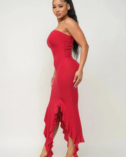 Solid Bottom Ruffle Trim Hem Slit Tube Maxi Dress - ShopEasier