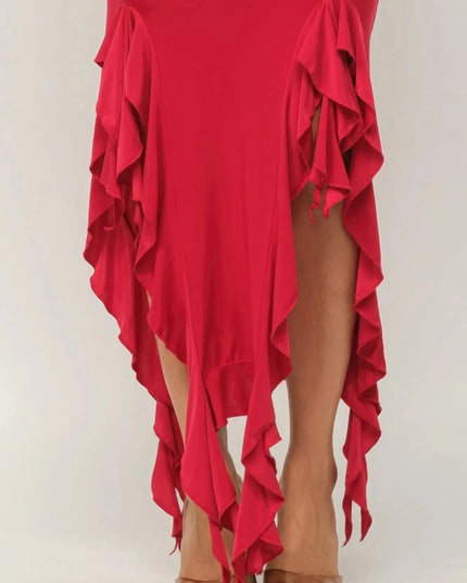 Solid Bottom Ruffle Trim Hem Slit Tube Maxi Dress - ShopEasier