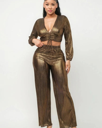 Foil Plisse Tunnel Shirring Top And Pants Set - ShopEasier