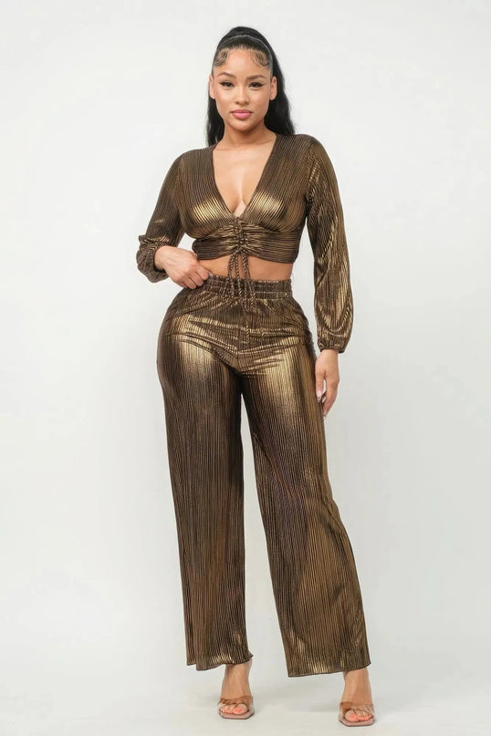 Foil Plisse Tunnel Shirring Top And Pants Set - ShopEasier