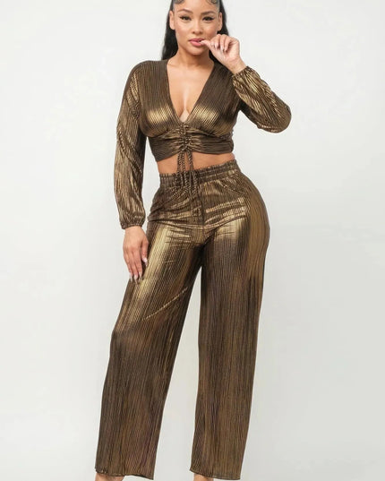 Foil Plisse Tunnel Shirring Top And Pants Set - ShopEasier