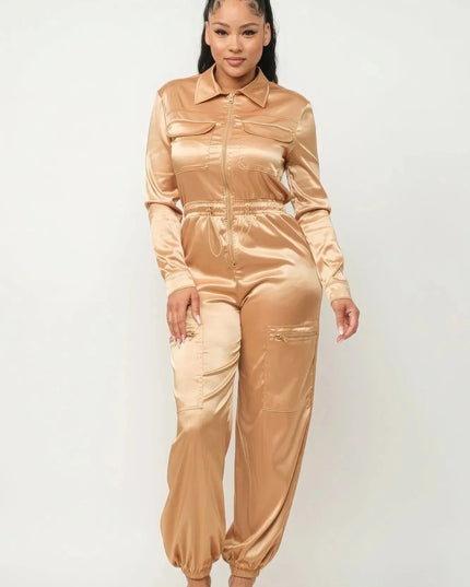 Front Zipper Pockets Top And Pants Jumpsuit - ShopEasier