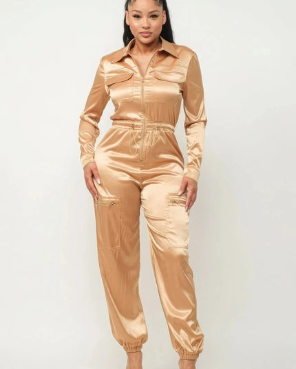 Front Zipper Pockets Top And Pants Jumpsuit - ShopEasier