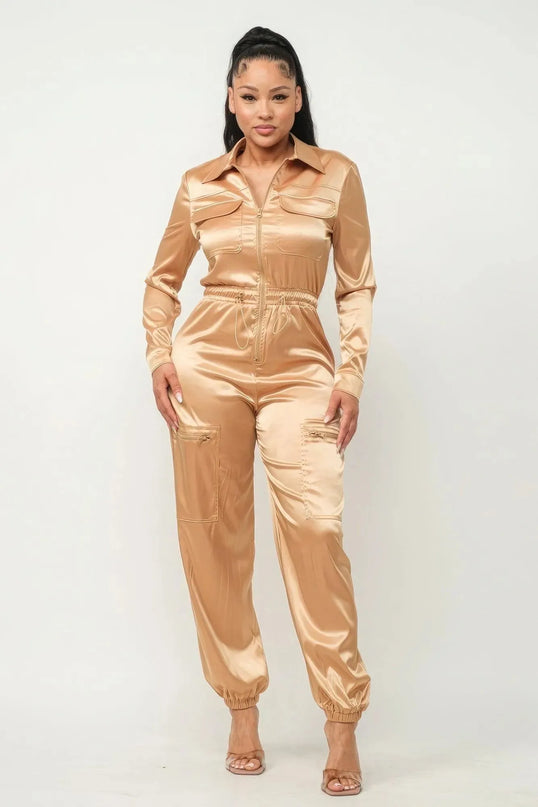 Front Zipper Pockets Top And Pants Jumpsuit - ShopEasier