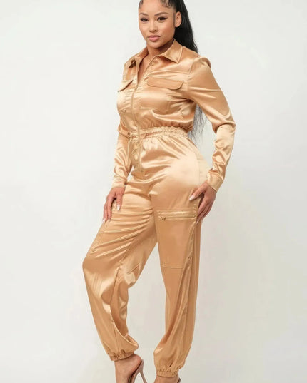 Front Zipper Pockets Top And Pants Jumpsuit - ShopEasier