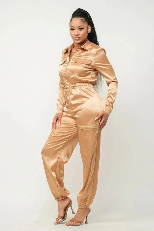 Front Zipper Pockets Top And Pants Jumpsuit - ShopEasier