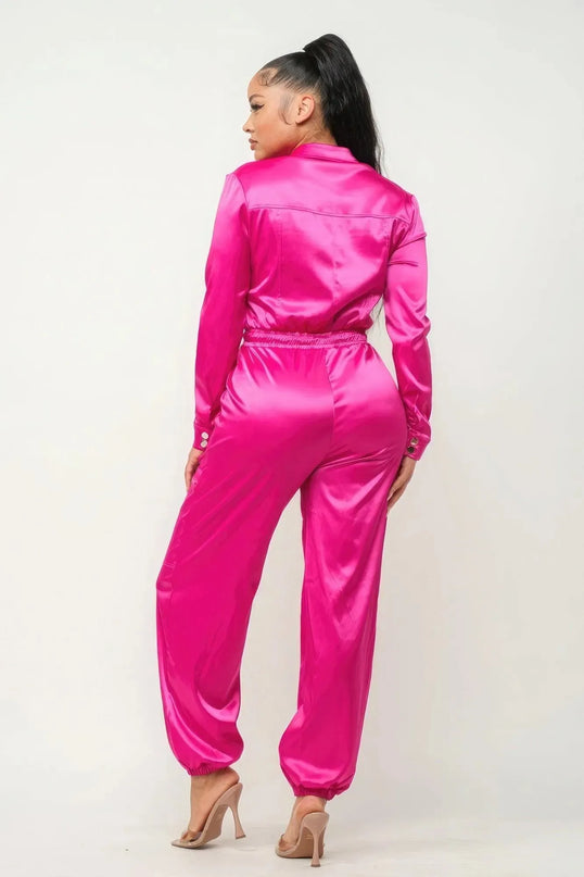 Front Zipper Pockets Top And Pants Jumpsuit - ShopEasier