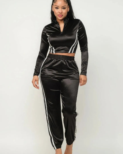 Front Zip Up Stripes Detail Jacket And Pants Set - ShopEasier