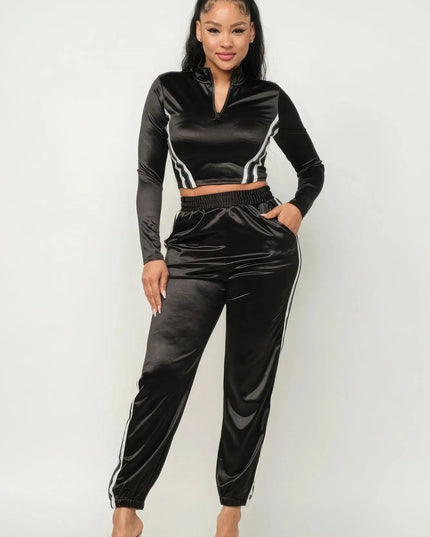 Front Zip Up Stripes Detail Jacket And Pants Set - ShopEasier