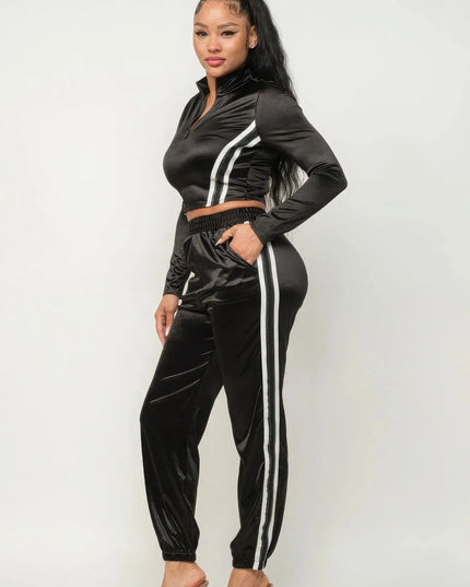 Front Zip Up Stripes Detail Jacket And Pants Set - ShopEasier