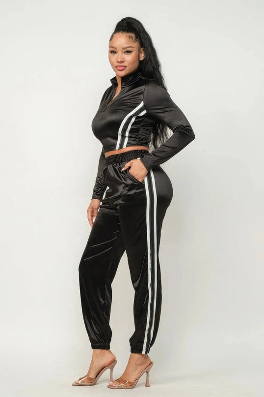 Front Zip Up Stripes Detail Jacket And Pants Set - ShopEasier