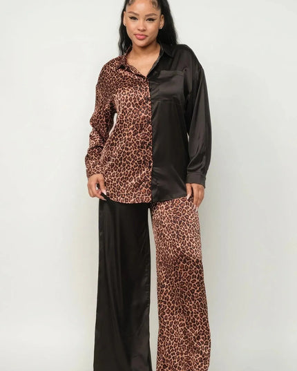 Half Animal Print And Half Solid Top And Pants Set - ShopEasier