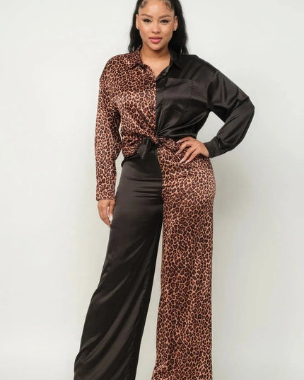 Half Animal Print And Half Solid Top And Pants Set - ShopEasier