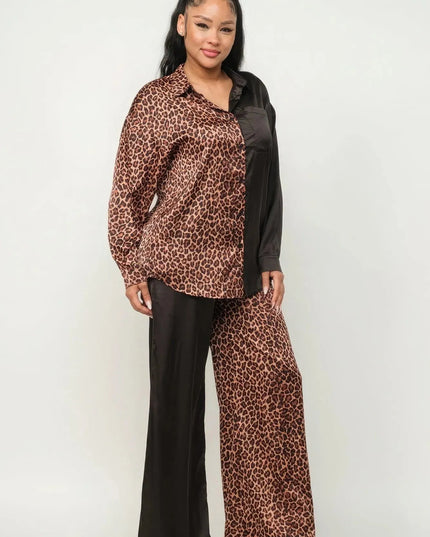 Half Animal Print And Half Solid Top And Pants Set - ShopEasier