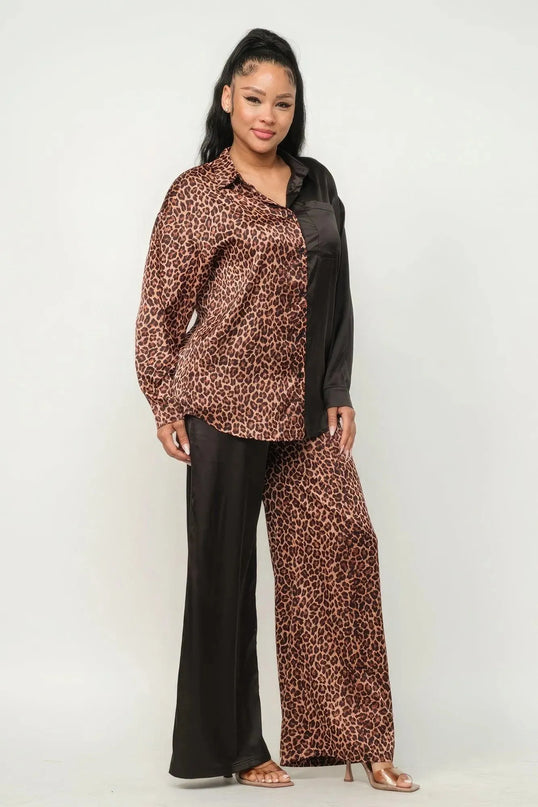 Half Animal Print And Half Solid Top And Pants Set - ShopEasier