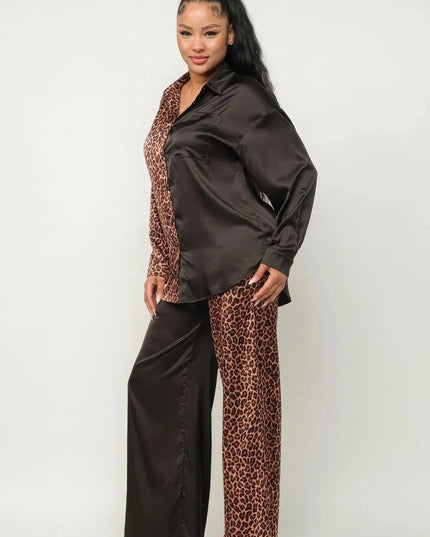 Half Animal Print And Half Solid Top And Pants Set - ShopEasier