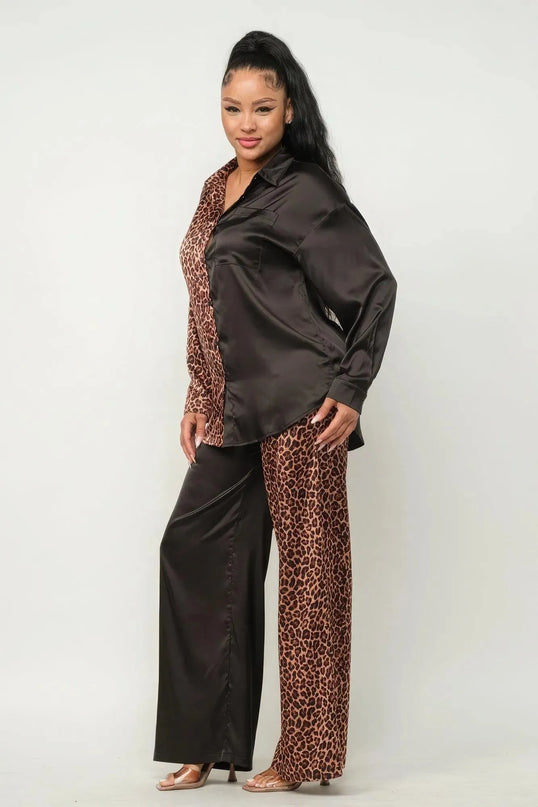 Half Animal Print And Half Solid Top And Pants Set - ShopEasier