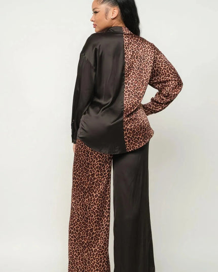 Half Animal Print And Half Solid Top And Pants Set - ShopEasier