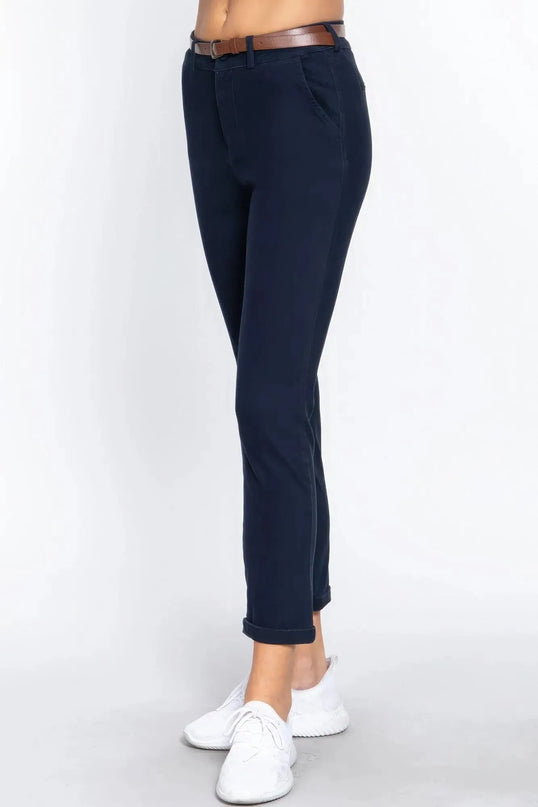 Cotton-span Twill Belted Long Pants - ShopEasier