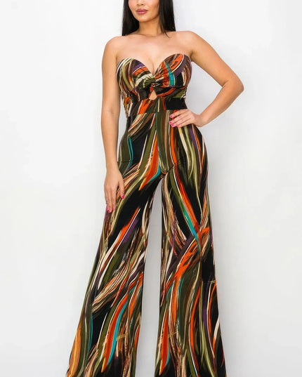 Allover Print Twist Front Wide Leg Jumpsuit - ShopEasier