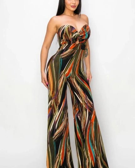 Allover Print Twist Front Wide Leg Jumpsuit - ShopEasier