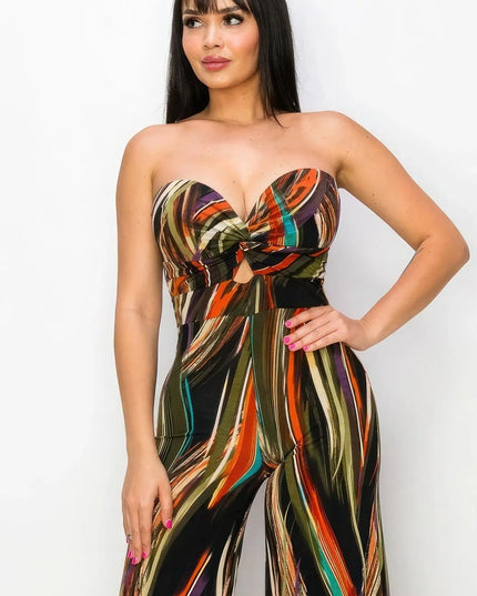 Allover Print Twist Front Wide Leg Jumpsuit - ShopEasier