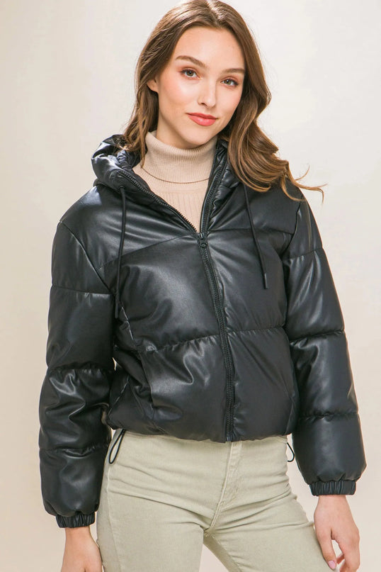 Pu Faux Leather Zipper Hooded Puffer Jacket - ShopEasier