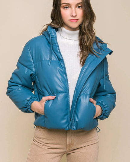 Pu Faux Leather Zipper Hooded Puffer Jacket - ShopEasier