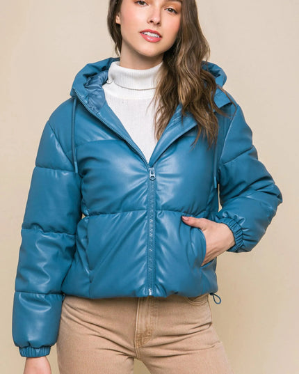 Pu Faux Leather Zipper Hooded Puffer Jacket - ShopEasier