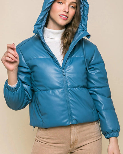 Pu Faux Leather Zipper Hooded Puffer Jacket - ShopEasier