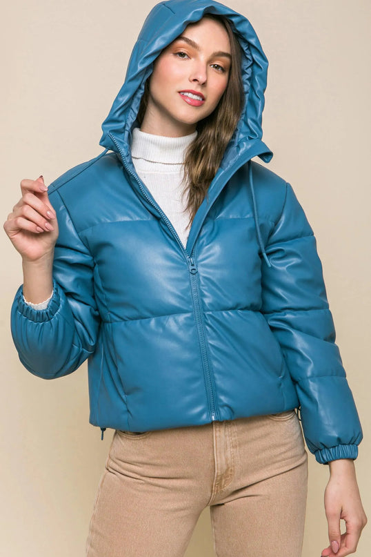 Pu Faux Leather Zipper Hooded Puffer Jacket - ShopEasier