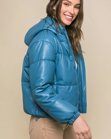 Pu Faux Leather Zipper Hooded Puffer Jacket - ShopEasier