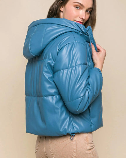 Pu Faux Leather Zipper Hooded Puffer Jacket - ShopEasier