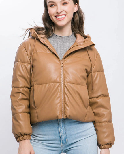 Pu Faux Leather Zipper Hooded Puffer Jacket - ShopEasier