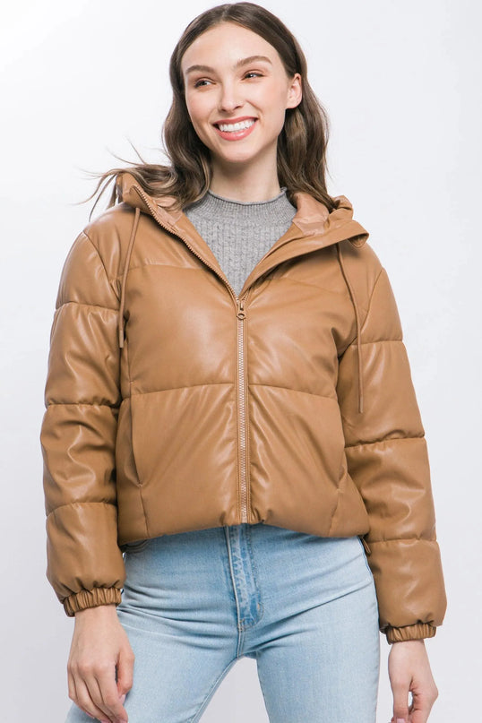 Pu Faux Leather Zipper Hooded Puffer Jacket - ShopEasier