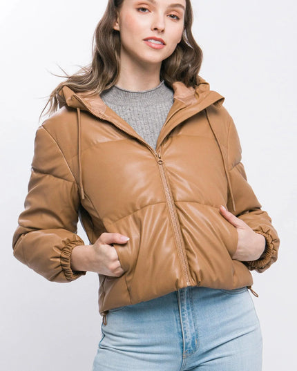 Pu Faux Leather Zipper Hooded Puffer Jacket - ShopEasier