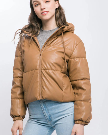 Pu Faux Leather Zipper Hooded Puffer Jacket - ShopEasier