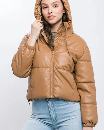 Pu Faux Leather Zipper Hooded Puffer Jacket - ShopEasier