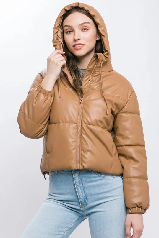 Pu Faux Leather Zipper Hooded Puffer Jacket - ShopEasier