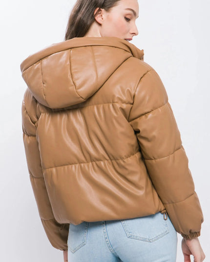 Pu Faux Leather Zipper Hooded Puffer Jacket - ShopEasier