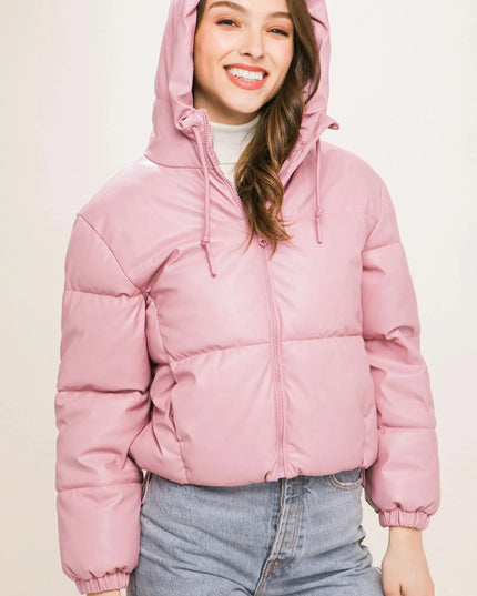 Pu Faux Leather Zipper Hooded Puffer Jacket - ShopEasier