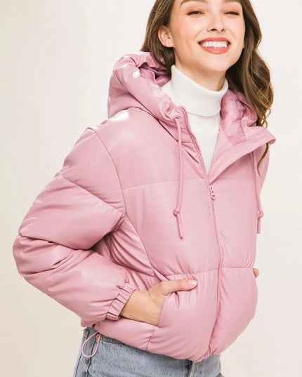 Pu Faux Leather Zipper Hooded Puffer Jacket - ShopEasier