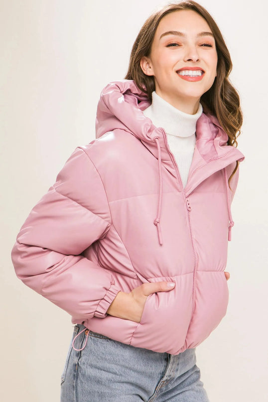 Pu Faux Leather Zipper Hooded Puffer Jacket - ShopEasier