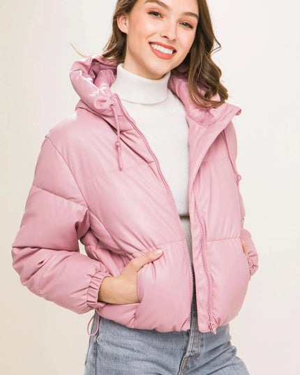 Pu Faux Leather Zipper Hooded Puffer Jacket - ShopEasier