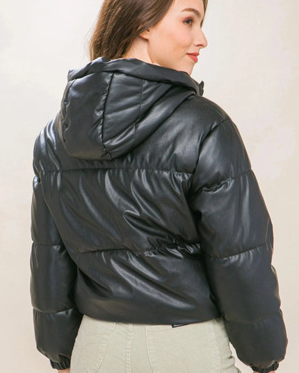 Pu Faux Leather Zipper Hooded Puffer Jacket - ShopEasier