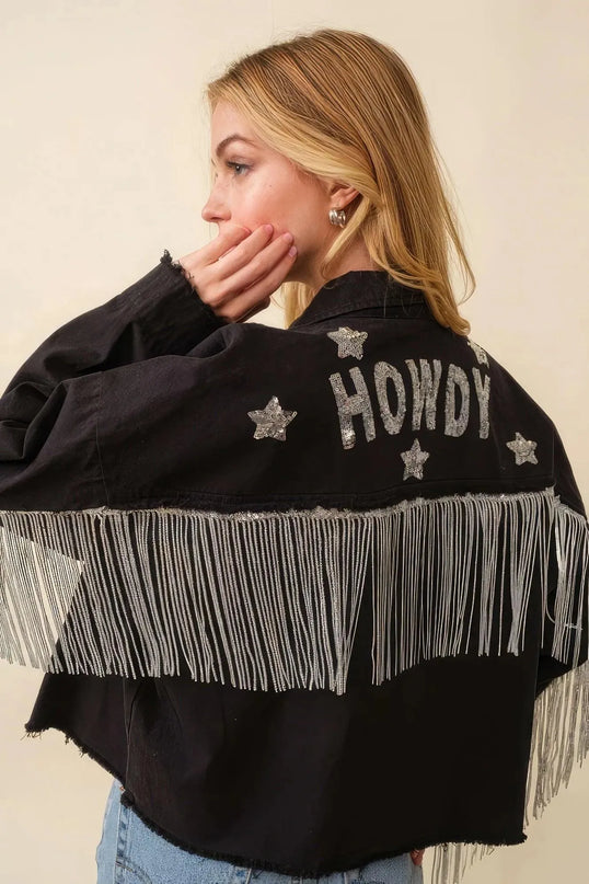 Howdy Sequin Fringe And Star Patches Jacket - ShopEasier