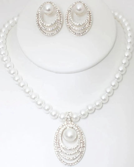 Rhinestone Pearl Necklace And Earring Set - ShopEasier